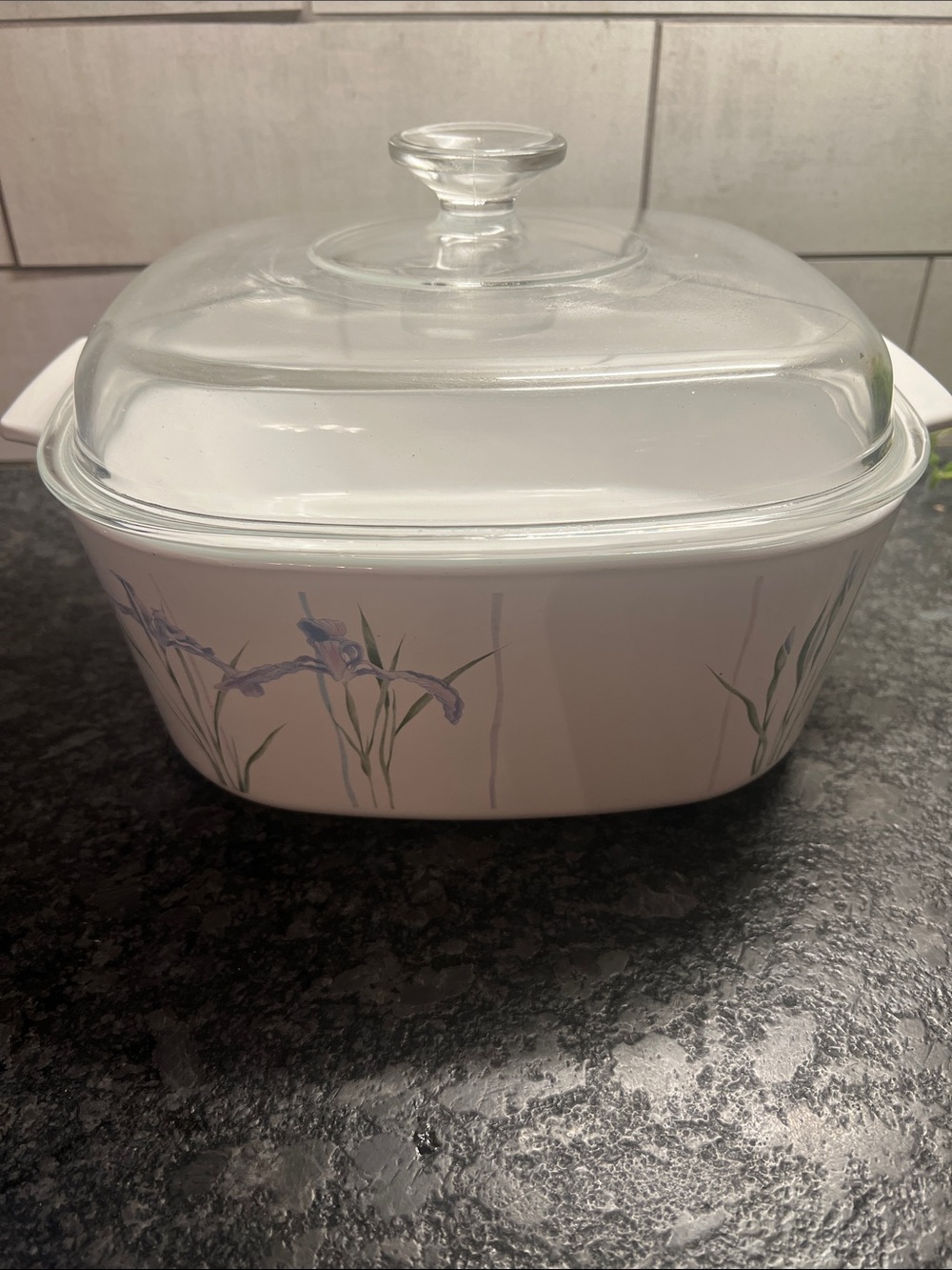 Vintage Corningware Shadow Iris  Glass Casserole Dish
